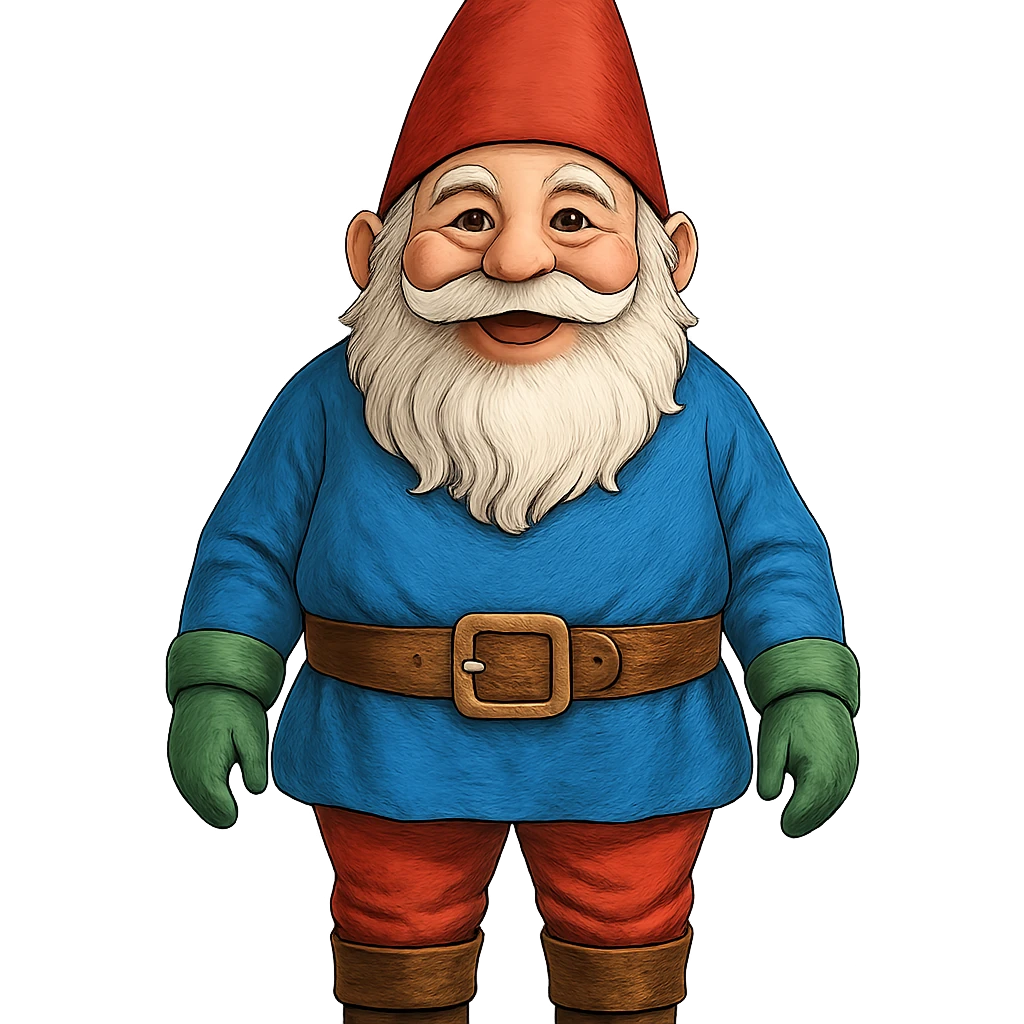 A large gnome in a colorful outfit, standing tall with a cheerful expression emoji
