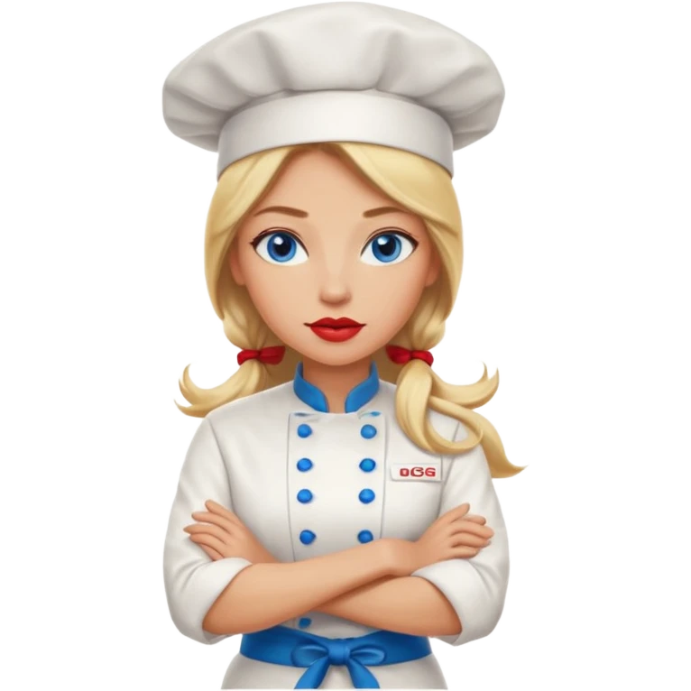 Beautiful, sexy,  long blonde hair, blue eyed, full red lips female chef arms folded  emoji