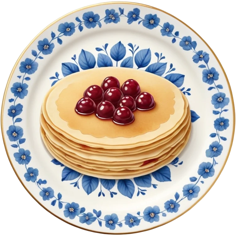 scandinavian round crepes with jam on white porcelain plate with blue floral vintage design emoji