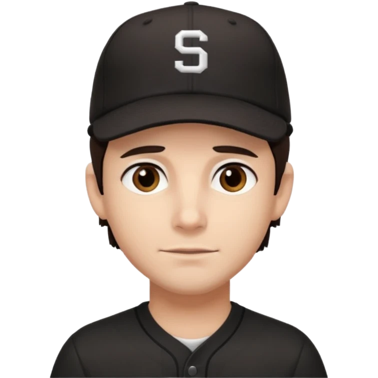 male, dark brown hair, dark brown eyes, fair skin, black baseball hat, no smile emoji