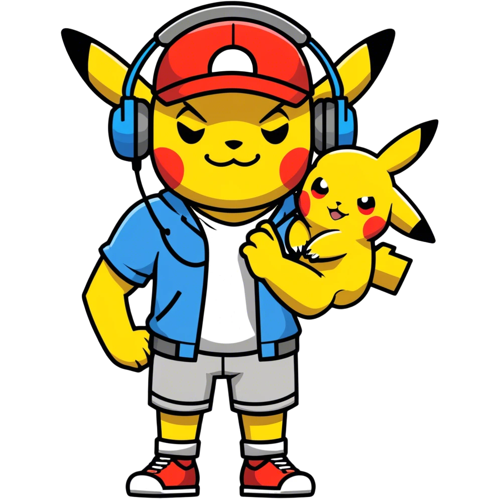 Hot handsomeb muscular 6ft tall smiling happy clean shaven ash ketchum being a  dj and his music rocks while kissing pikachu in his ball emoji