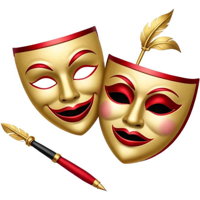 Create a bold and dramatic emoji representing the art of playwriting. The design should feature an open script or a theater playbook, with stylized text lines or dramatic dialogue inside. Include elements like a theatrical comedy and tragedy masks, a stage spotlight, or a quill to symbolize creativity and performance. Use deep, contrasting colors like red, black, and gold to evoke the intensity and passion of drama. The overall design should feel dramatic, inspiring, and artistic. Make the background transparent. emoji