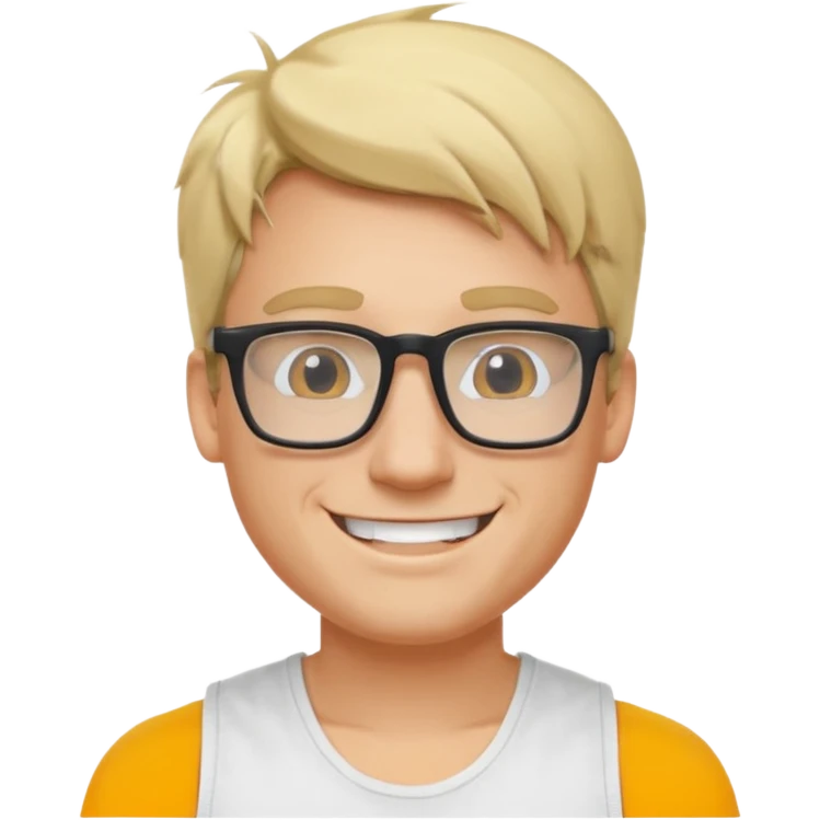 portrait of man, wearing a tank top, square glasses, grinning face, blond hair emoji