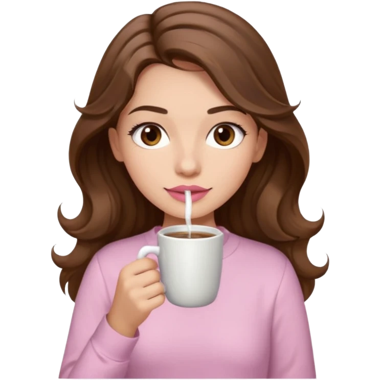 girl with wavy long brown hair, brown eyes, light to medium complexion, long lashes, light pink lipstick, wearing light pink shirt, sipping coffee emoji