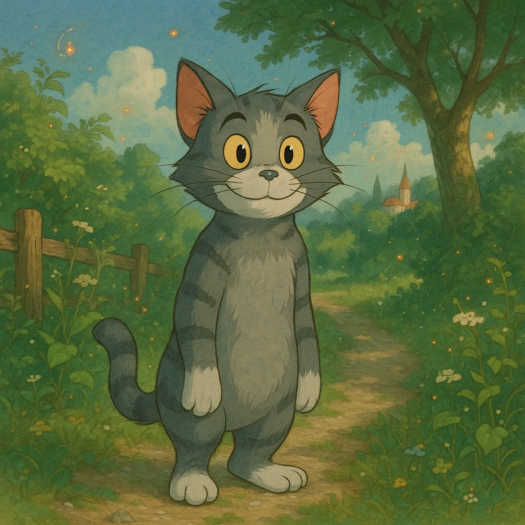 Tom, Ghibli style, subtle magical elements, peaceful and charming, detailed textures emoji
