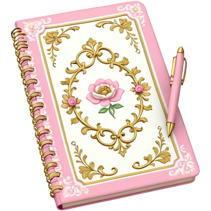 Notebook rococo style, gold and pink and white. angled view. with pen emoji