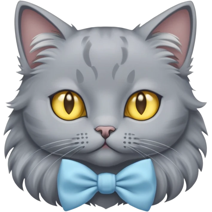 a grey cat with yellow eyes and a light blue full-length bow emoji