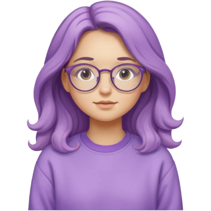 Chica de pelo largo y ondulado, con gafas redondas y expresión suave; viste una sudadera lila y transmite un estilo tranquilo y relajado. emoji