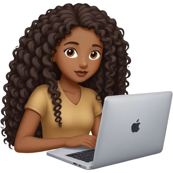 Black girl pretty with long curly hair trying to work on laptop  emoji