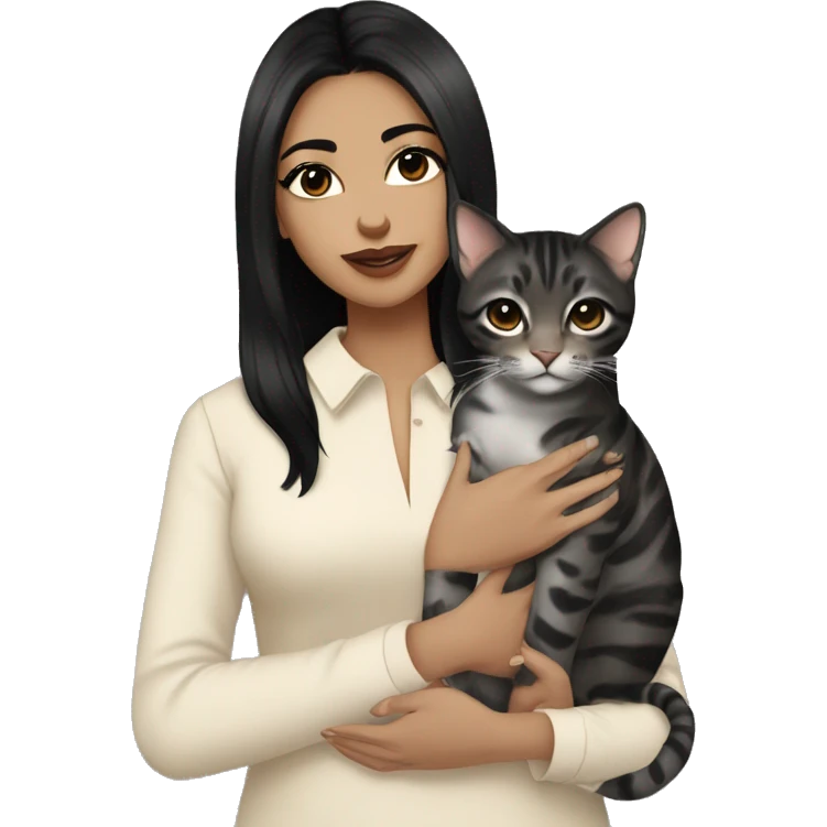 Girl with black eyes and black hair, shoulder length straight black hair, wears a beige blouse outfit, kissing a silver bengal cat  emoji