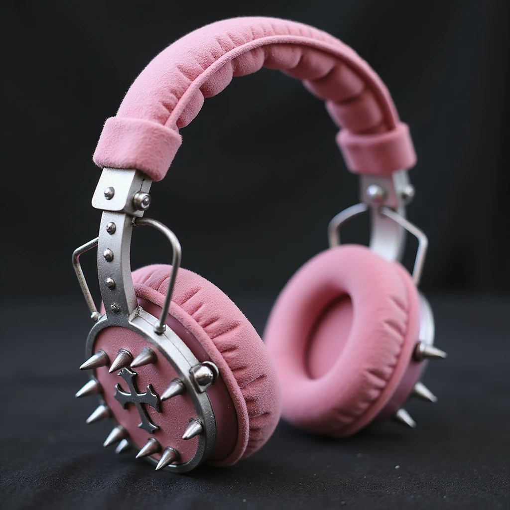 realistic pink gothic headphones with velvet ear cups, silver spikes, and subtle cross motifs, photorealistic style emoji