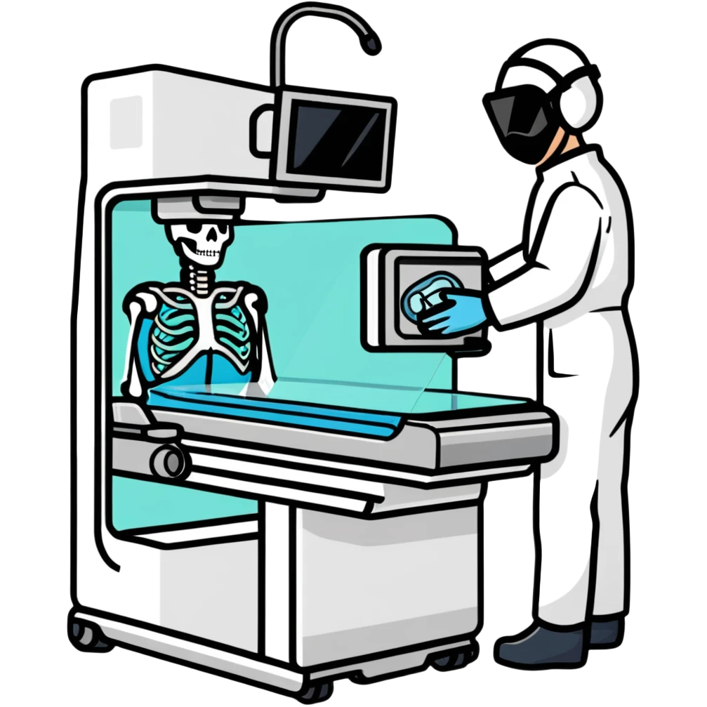 A friendly radiologist operating an X-ray machine, wearing protective gear emoji