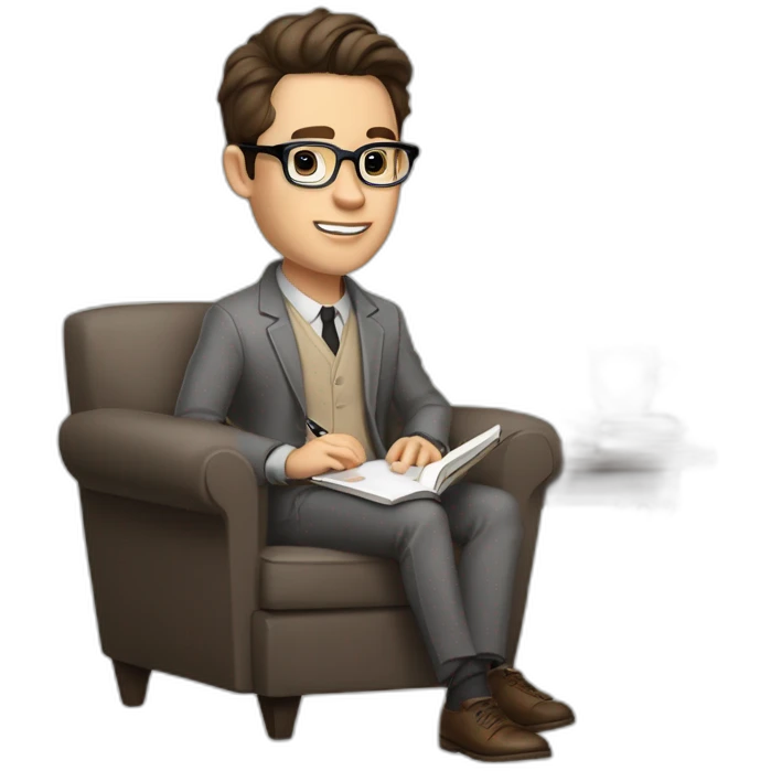 Pale skinned Fit Man With dark brown hair in gray jacket, beige office shirt, Brown pants and vintage glasses sitting In a soft chair with a notebook with emblem Ψ and a pen in his hands emoji