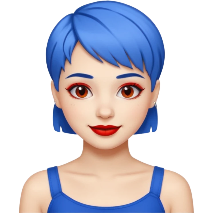 young fashionable woman, short blue hair, crop top, bold lipstick, playful smile emoji