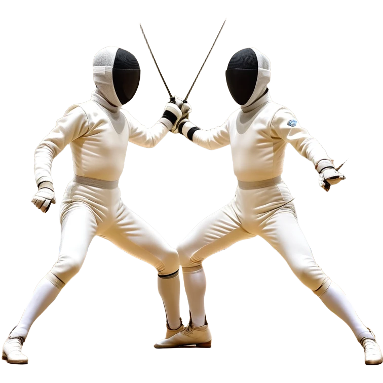 Two fencers in symmetrical stances, with crossed épées in front of them. Their forms are elegant and precise, showcasing the balance and strategy of fencing. The background features a blurred fencing piste, with subtle motion lines to emphasize the elegance and speed of the sport. emoji