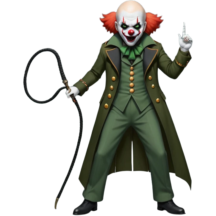 evil clown, bald, small black horns on forehead, fangs, pointed ears, eye patch over one eye, long coat over black and military green leisure suit with bellbottom pants, tail, holding a whip, no knife, realistically proportioned, less bulky, full body, battle-ready, fighting posture emoji