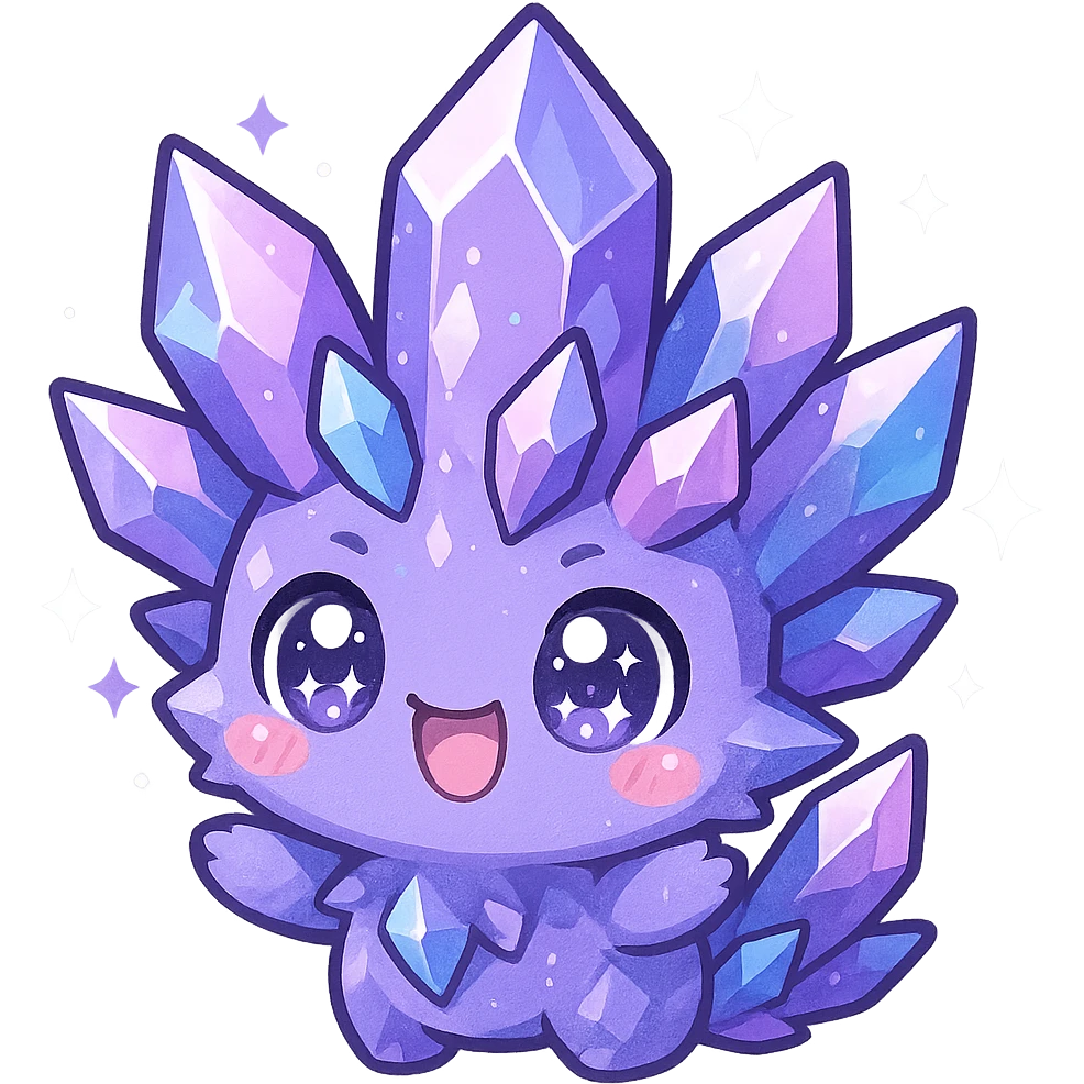 kawaii chibi style crystal sprite creature, purple, blue, and pink colors, excited expression, sparkling eyes emoji