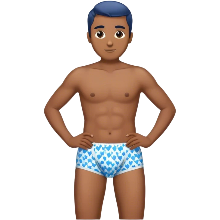 Blue heart patterned men’s briefs hands on hips brown skin emoji