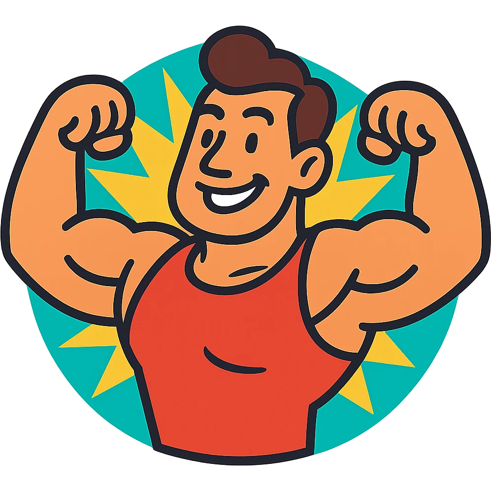 strong man, cartoon style, exaggerated muscles, friendly face, bright background emoji