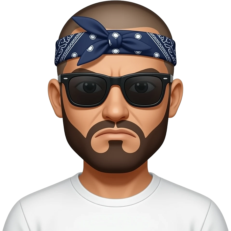 Chicano cholo character in a 'Lil Homies' chibi style. Head and shoulders view. The character has a shaved head and face, a dark blue paisley bandana tied around the forehead, and dark black sunglasses. He has a thick goatee and a tough, 'enojón' grumpy expression. on an angle. White tee emoji