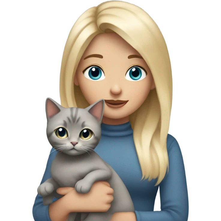 Short Blonde girl with blue eyes holding a gray cat  emoji