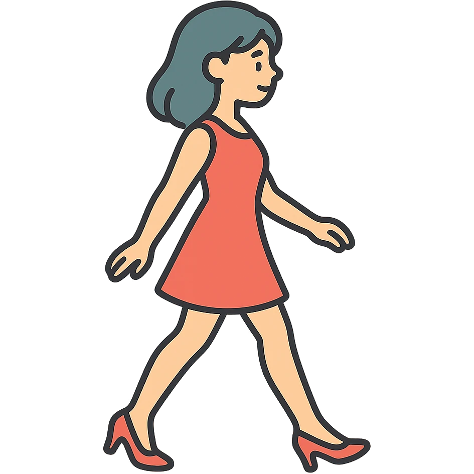 A girl walking from left to right, side view, wearing a short red dress and high heels, eastern style, thin clean outlines, soft rounded shapes, detailed drawing with shadows and highlights, pastel palette #98B5BC, #B5B3C1, #C9A3C9, #E4C0CA, #F7DCD1, #F7C0AA, modern Japanese pop art, soft lighting, transparent background, no extra decoration, focus on movement and elegance emoji