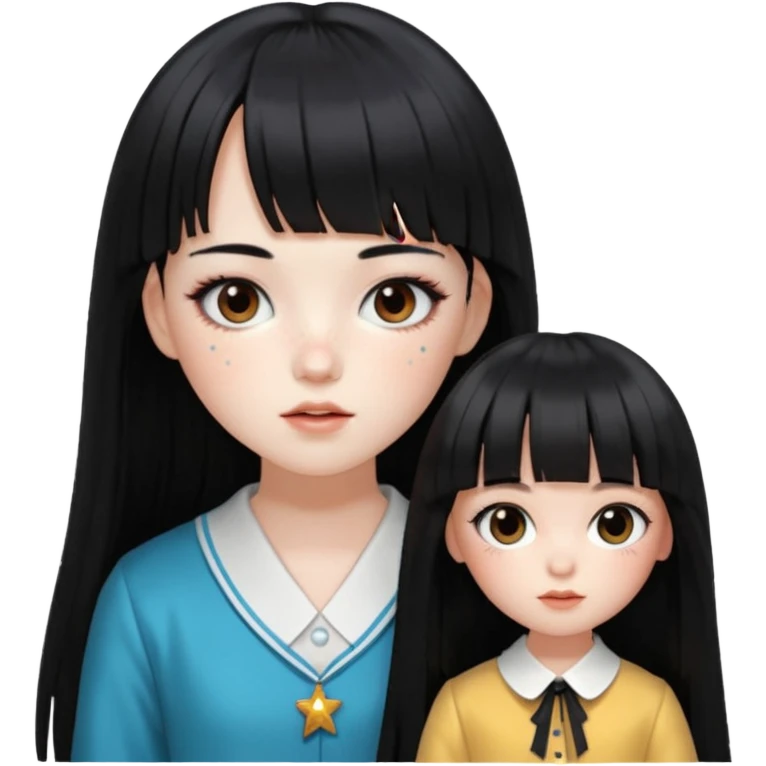 pale girl , who has silky straight extremely long black hair with bangs , chestnut monolid eyes , and doll like makeup , dressed like a kpop idol , has freckles emoji
