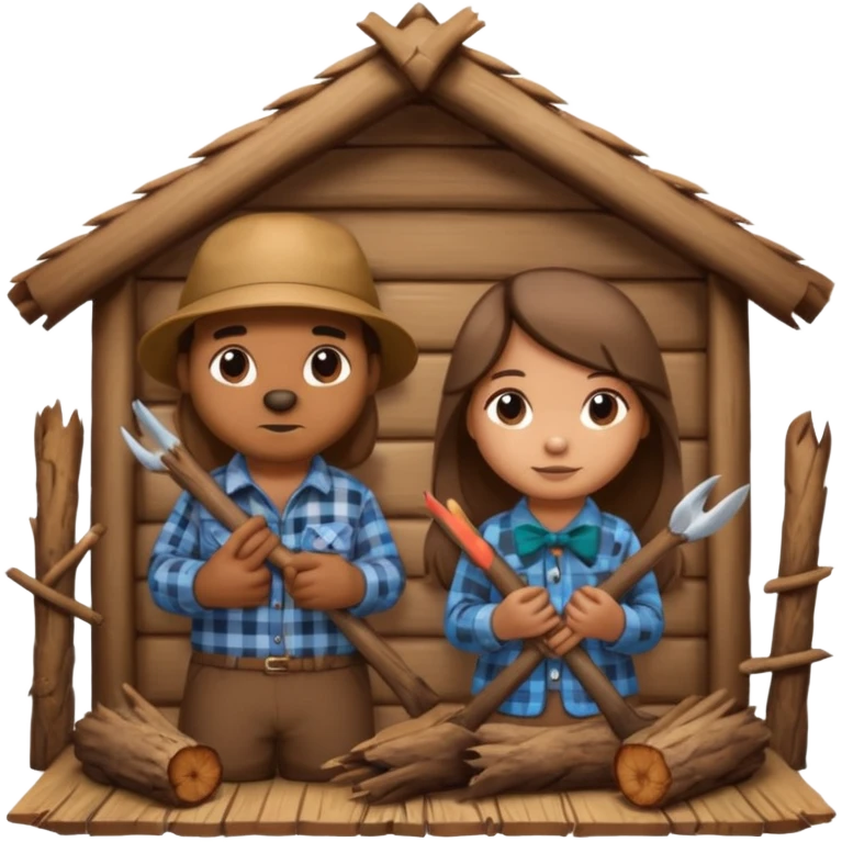  beaver man and female beaver with a bow in a wooden lodge made of sticks emoji
