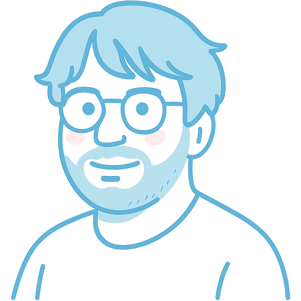 A man with round glasses, artfully messy longer hair with stylish sweeping bangs, a round but defined face shape, and a broader nose. Use lighter blue for all the outlines and features, a touch of pink highlights only on the cheeks for a natural flush, and gray exclusively for the short beard and necessary shadows. emoji