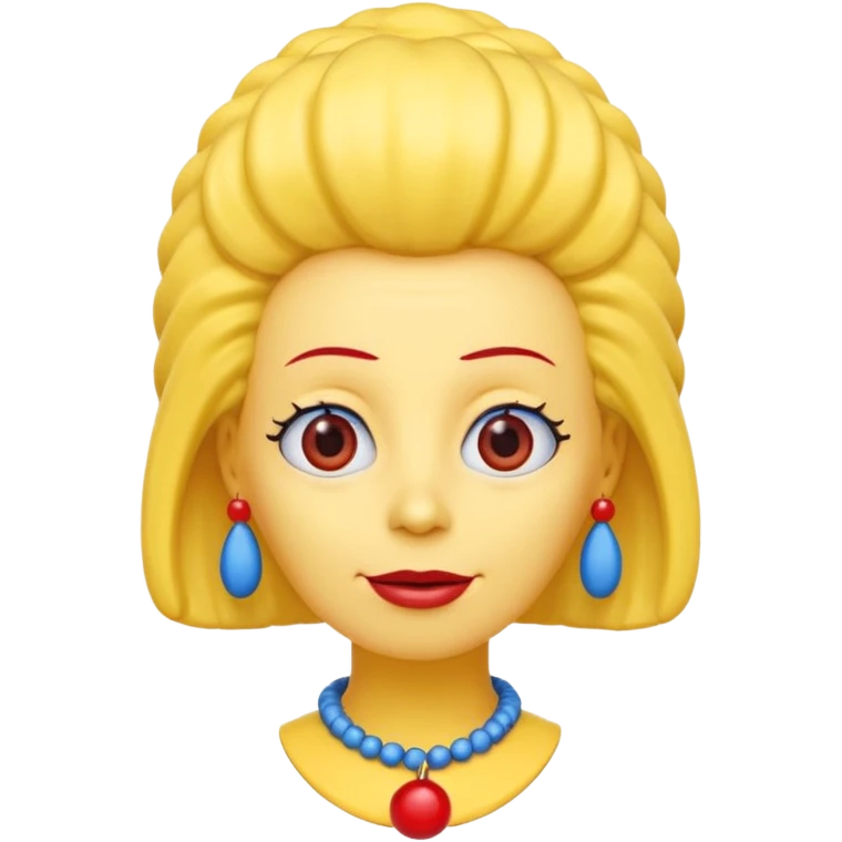 3D emoji head-only, smooth plastic, soft studio light, big round eyes, bold outline, centered, transparent bg,
Marge Simpson, yellow skin, tall cylindrical blue beehive hair, red bead necklace, overbite, no earrings, no eyelashes, no blonde hair emoji