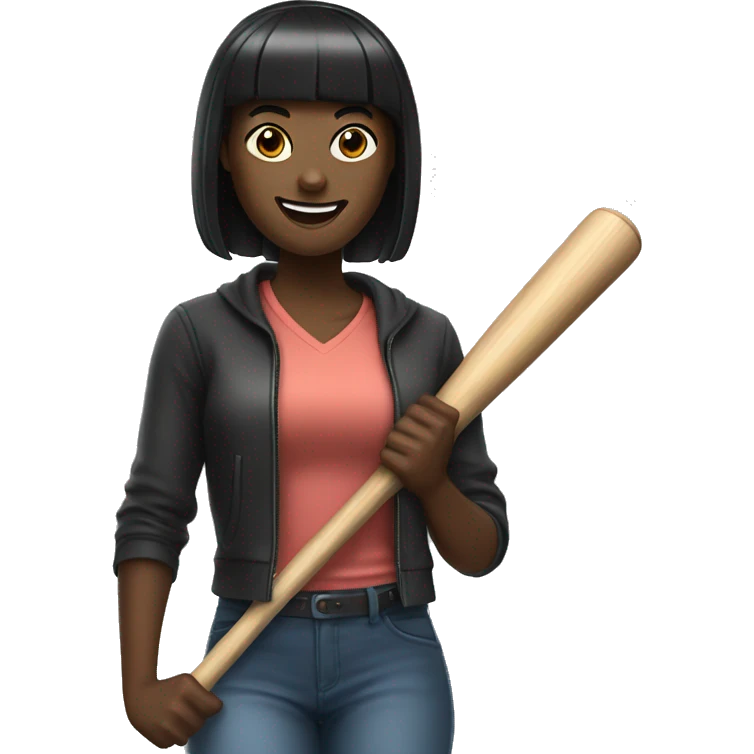 Woman with full bangs, smiling, black hair, holding a baseball bat emoji