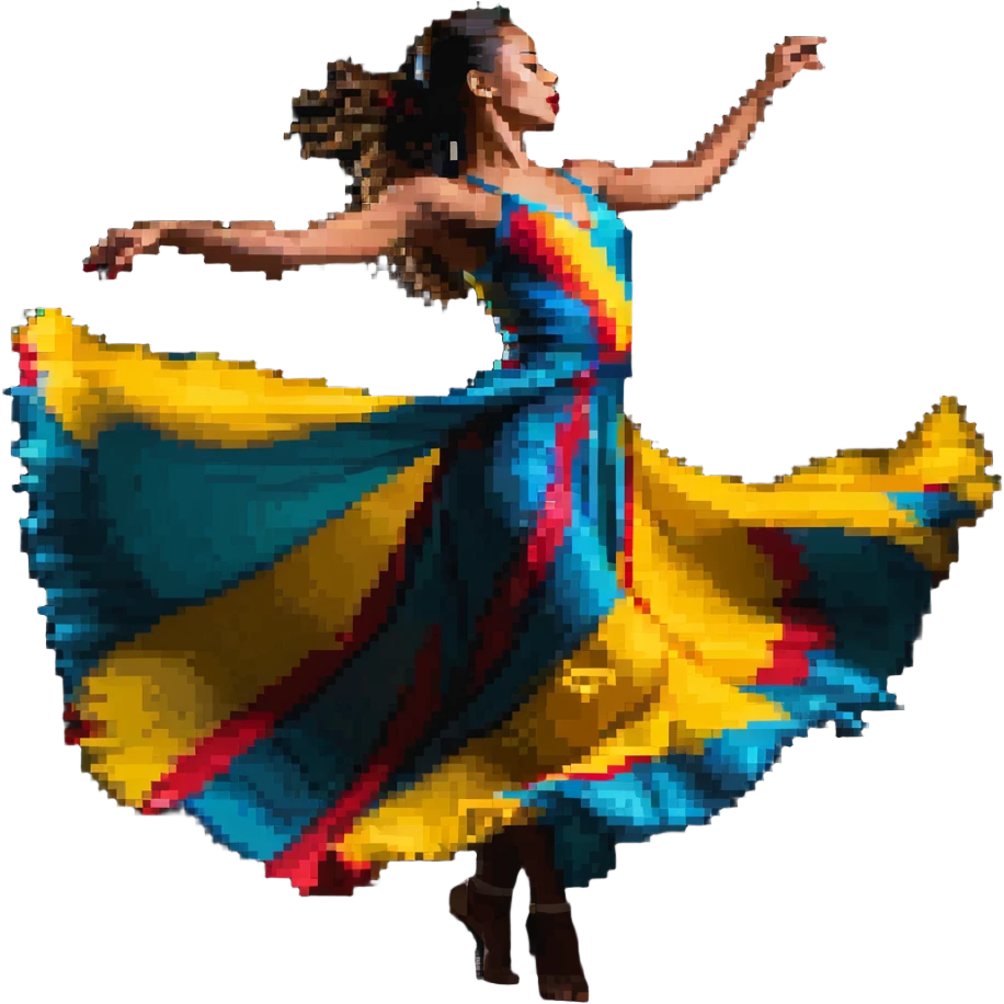Colombian salsa dancer woman in flowing dress, dynamic dance pose, vibrant colors emoji