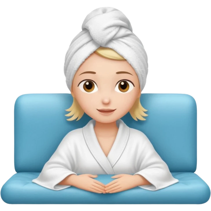 spa A contented and relaxed girl with a towel on her head in a white robe lies on a couch. The icon displays the couch and the girl in full three-quarter view. emoji