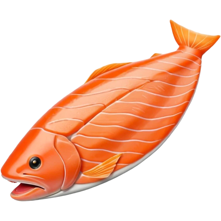 raw salmon fillet, boneless, orange-pink, muscle lines, tapered, curved, moist smooth texture, fine fat layer, no skin, no lemon, no background, no faces, clean 3D, soft shadows, transparent background, emoji scale emoji