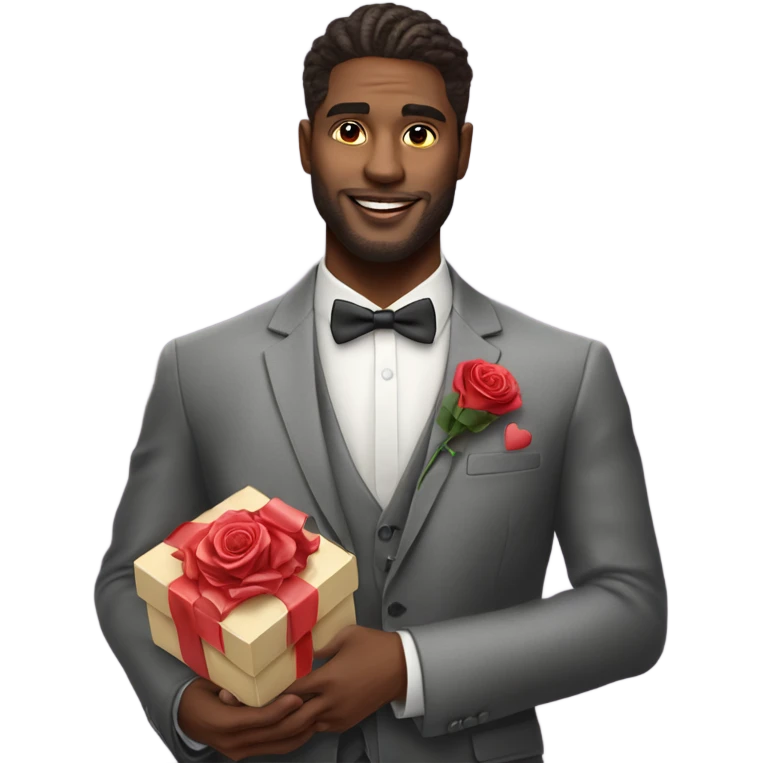Hyper Realistic handsome man in suit holding roses and a heart shaped gift box emoji
