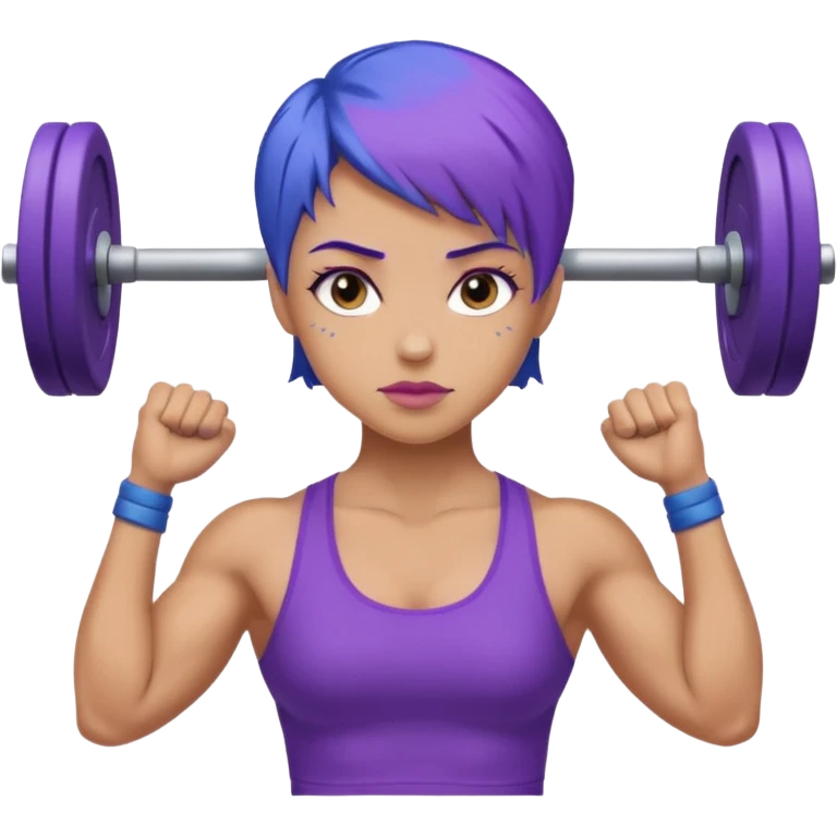 weight lift woman short blue purple har muscles bar is not growing from head emoji