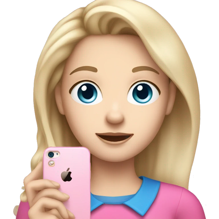 a blue eyed white dark blond hair girl wearing a pink shirt holding a pink iphone  emoji