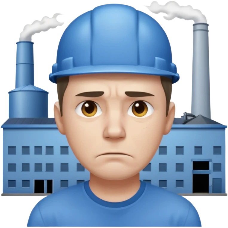 tired sad man with sweat on forehead, factory behind emoji