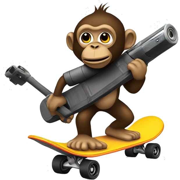Create a Munky holding a gun riding a skateboard  emoji