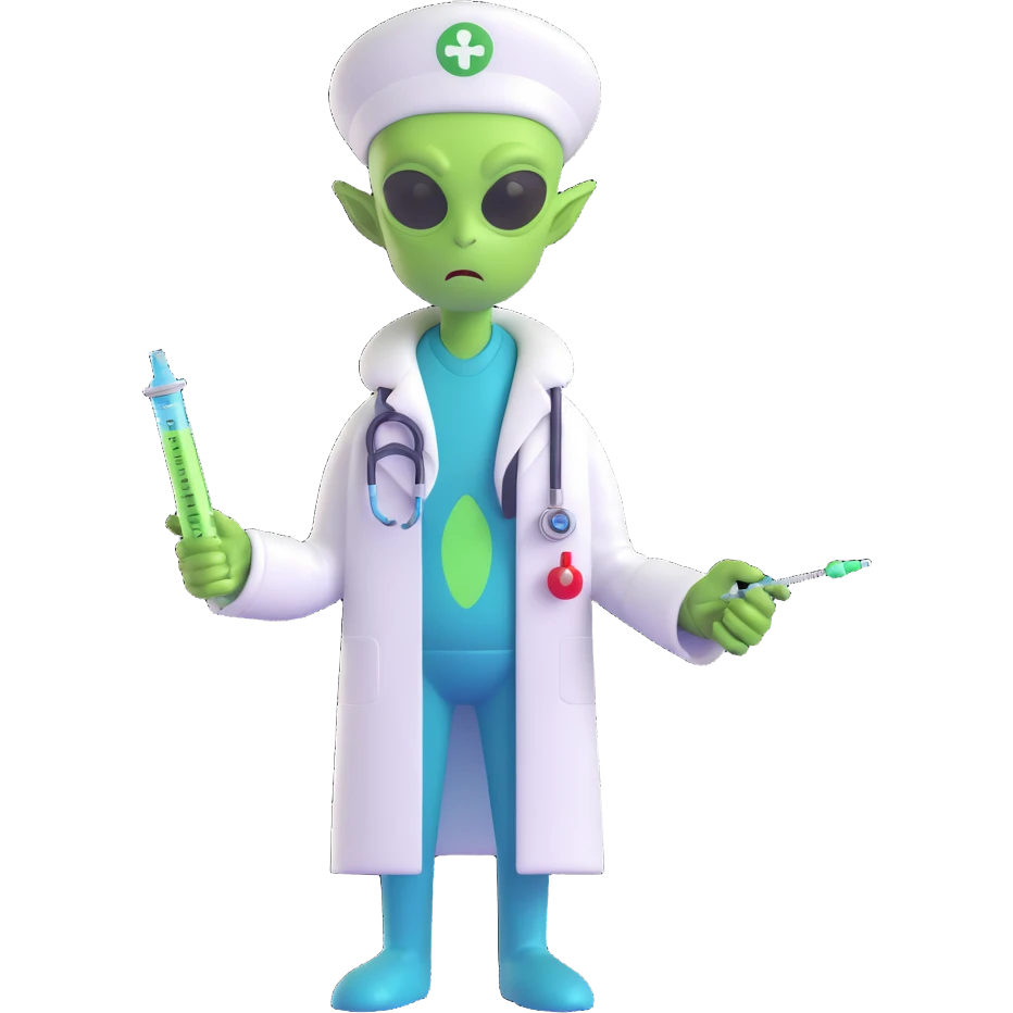 cartoon green alien as a doctor, holding a syringe, medical attire emoji