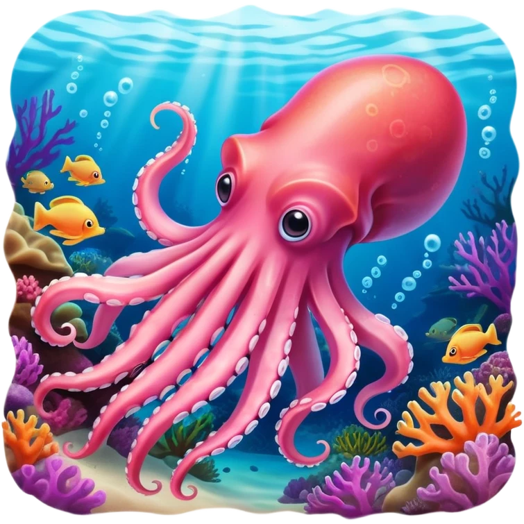 A pink squid gracefully glides through the coral reefs, leaving a trail of vibrant color emoji