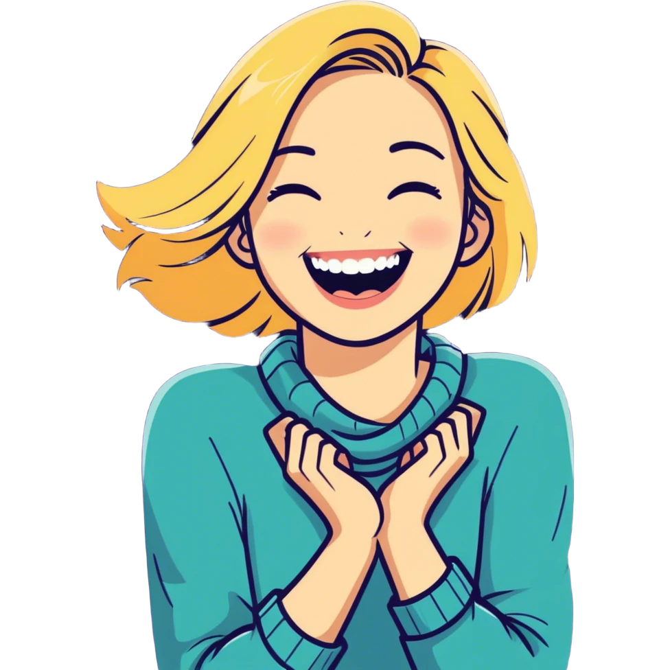 A blonde girl putting her hands around her neck laughing emoji