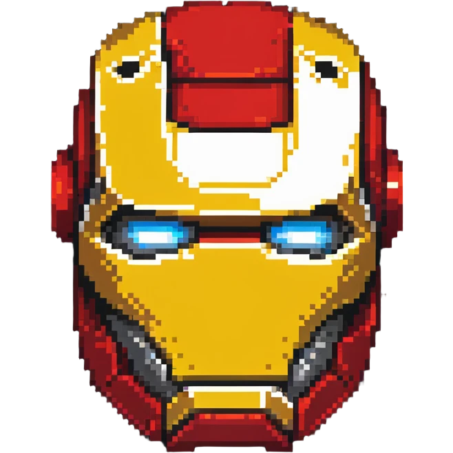 Iron Man face helmet in pixel art style, red and gold superhero mask emoji