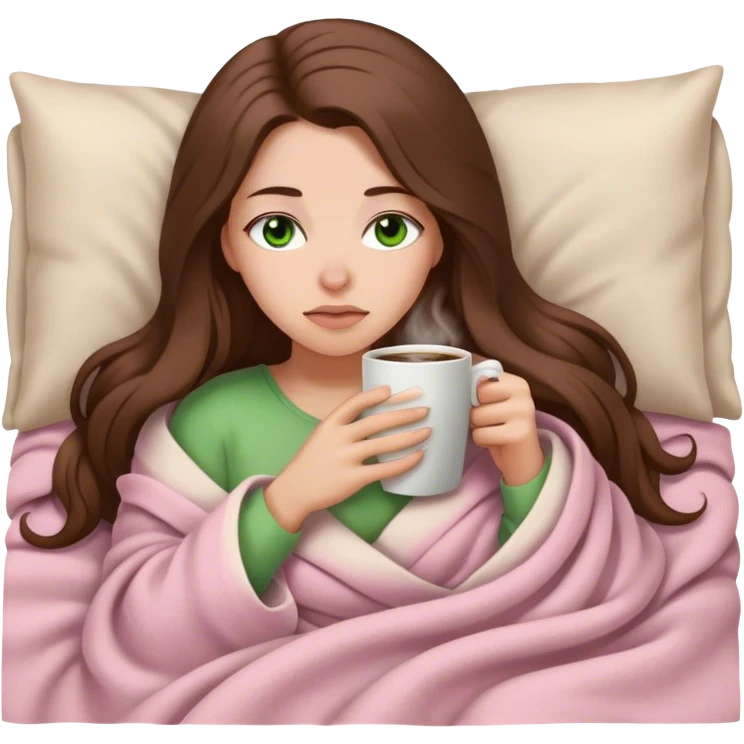 woman with very long brown hair and green eyes in a light pink blanket sleepy with coffee emoji