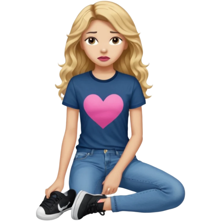 > 14-year-old girl, 161cm, slender, long wavy golden hair, tan skin, full pink lips, long lashes, thick eyebrows, dark blue t-shirt, faded jeans, black sneakers, quiet sadness in her expression, soft moody lighting, ultra-realistic portrait. emoji