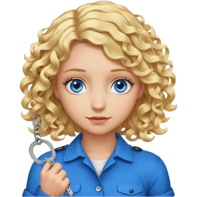 A girl with blond hair that curls at the end shoulder length and blue eyes who is breaking handcuffs emoji