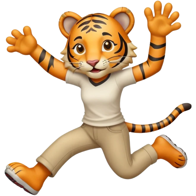 friendly anthropomorphised female tiger in a shirt and pants jumping emoji