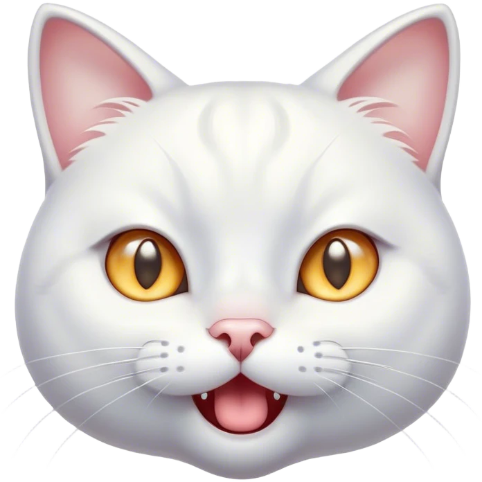 Cinematic Comical White Cat Portrait Emoji, Head tilted in an exaggerated, surprised manner with wide, sparkling eyes, showcasing a pristine white fur with subtle hints of silver and an animated, goofy expression, simplified yet whimsically detailed, glowing with a playful, bright radiance, high shine, exuding a lighthearted and comical charm, styled with a soft glowing outline, capturing the essence of a white cat that looks ready to prance comically off the screen! emoji
