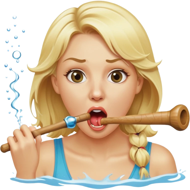 blond woman biting a wide stick with a round knob, both the same color as her skin, water jet shooting from the knob into her mouth, surprised look emoji