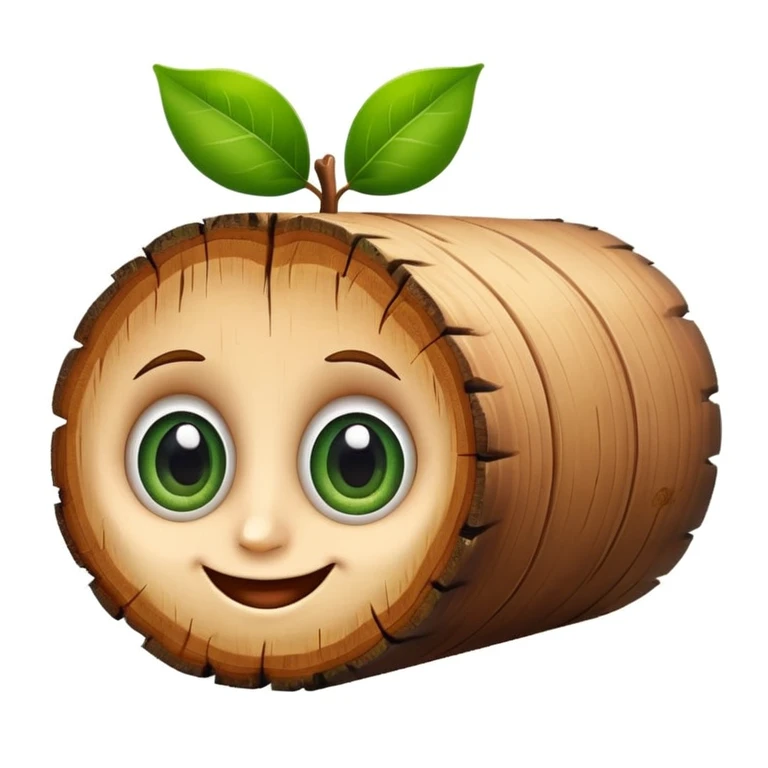 caricature of a smiling wooden log with big eyes, green leaves on the head, apple emoji style, white background, cute and colorful emoji